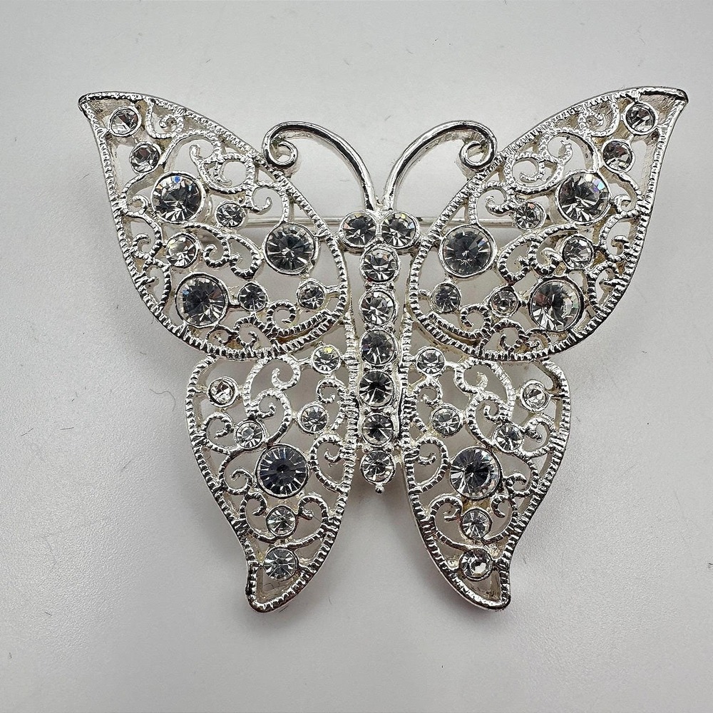 Vintage 90s SilverTone Filigree Butterfly Brooch Pin Clear Glass Fashion Jewelry